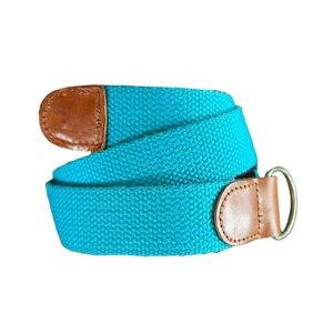Leather Man Ltd. Aqua Canvas Tan Leather D-Ring Belt Preppy Casual Unisex 33” XS